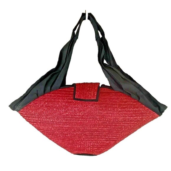Tropical Beach Resort Chic Red Black Straw Clamshell Shoulder Tote Large Bag VTG - Picture 12 of 13